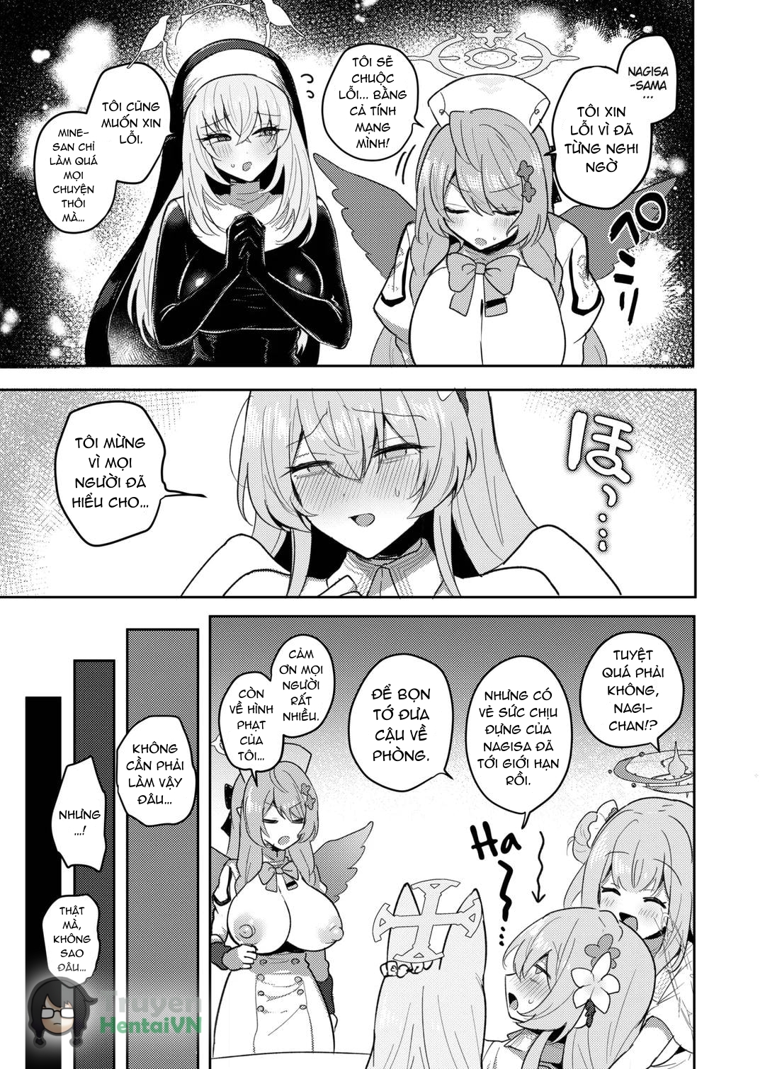 Đọc truyện hentai Futanari Tea Party Dosukebe Tougijou Nagisa VS Sisterhood + Kyuugo Kishidan (Blue Archive) - Oneshot